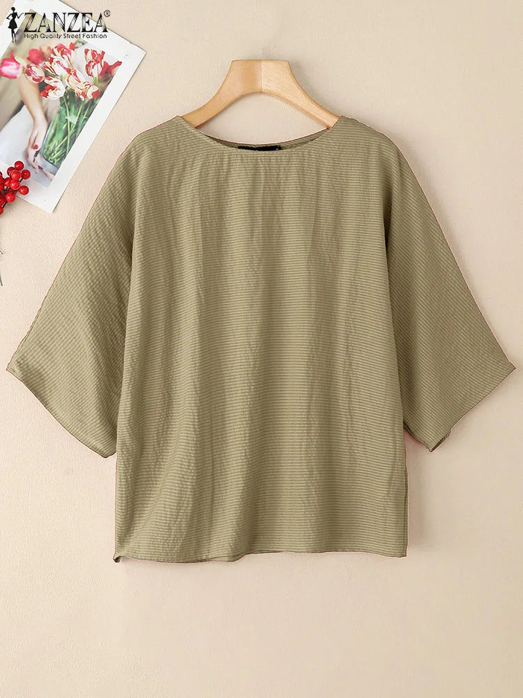 Blusa de Verano para Mujer  | Cuello Redondo | Manga 3/4 y Tamaño Grande | Ticotrendy