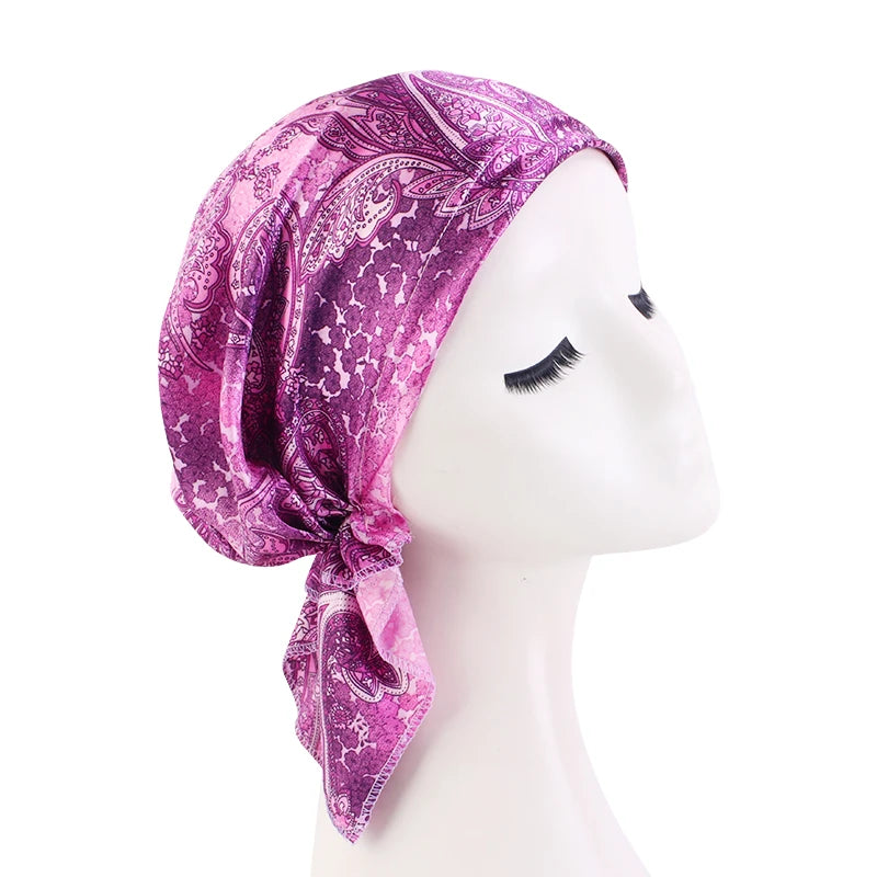 Turbante de satén preatado para mujer, diadema musulmana con patrón de Cachemira, bufanda para el pelo flexible suave, gorro para quimio, Bandana para envolver la cabeza, 2022