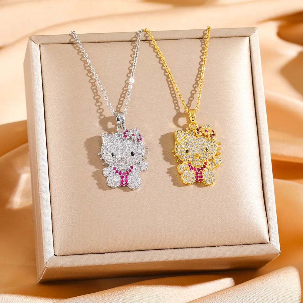Collares con colgante de Hello Kitty de circonita brillante de lujo para mujeres y niñas, cadena creativa de acero inoxidable Sanrio, regalos de joyería