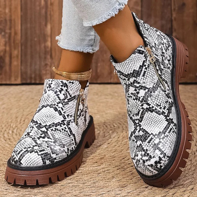 Botines de Plataforma | Estampado de Serpiente | Punta Redonda Elegante