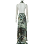 Vestido largo elegante con estampado abstracto para mujer, falda larga dividida con escote en V profundo y espalda descubierta, vestido informal de estilo francés a la moda de verano