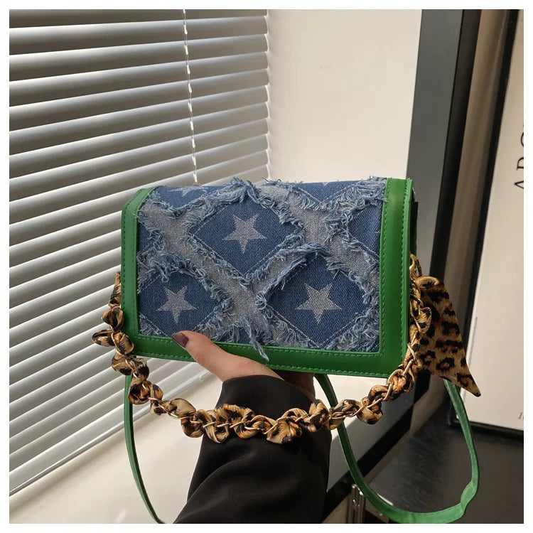 Bolso Hombro Vaquero Mujer Retro Estrellas Cinta Leopardo