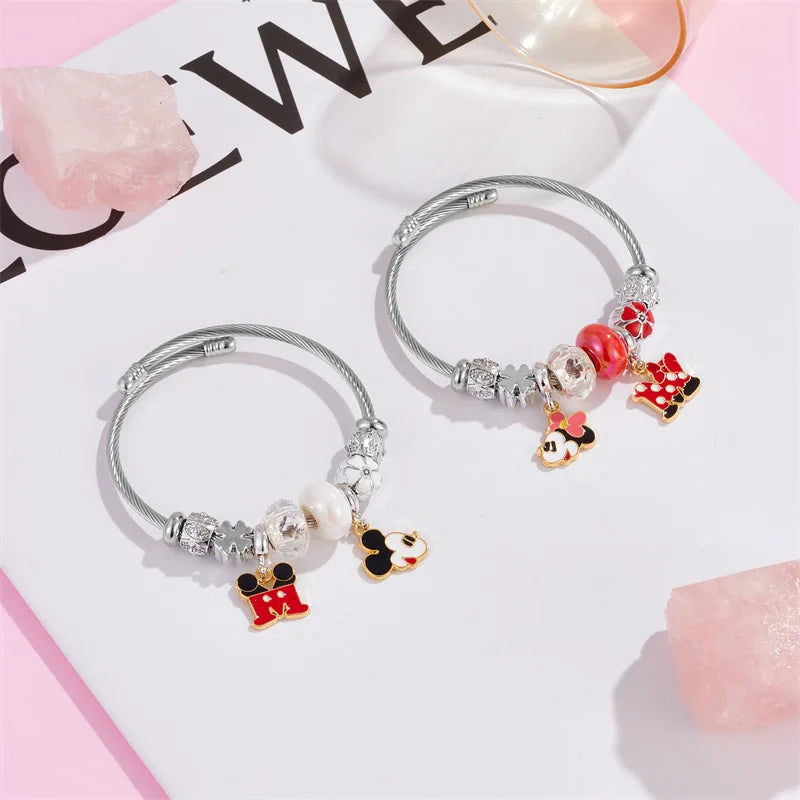 Pulseras con dijes de dibujos animados de Disney para mujeres y niñas, pulseras con cabeza de Mickey y Minnie Mouse, encantadoras cuentas de bricolaje, accesorios de mano, regalos