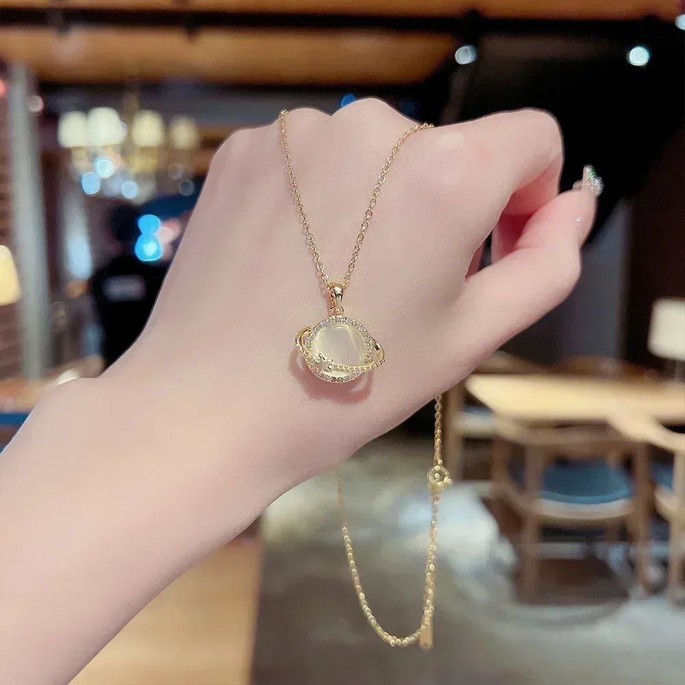 Collares de Planeta de piedra lunar de circón de acero inoxidable para mujeres y niñas, Color dorado, joyería de moda, regalos, accesorios para amigos