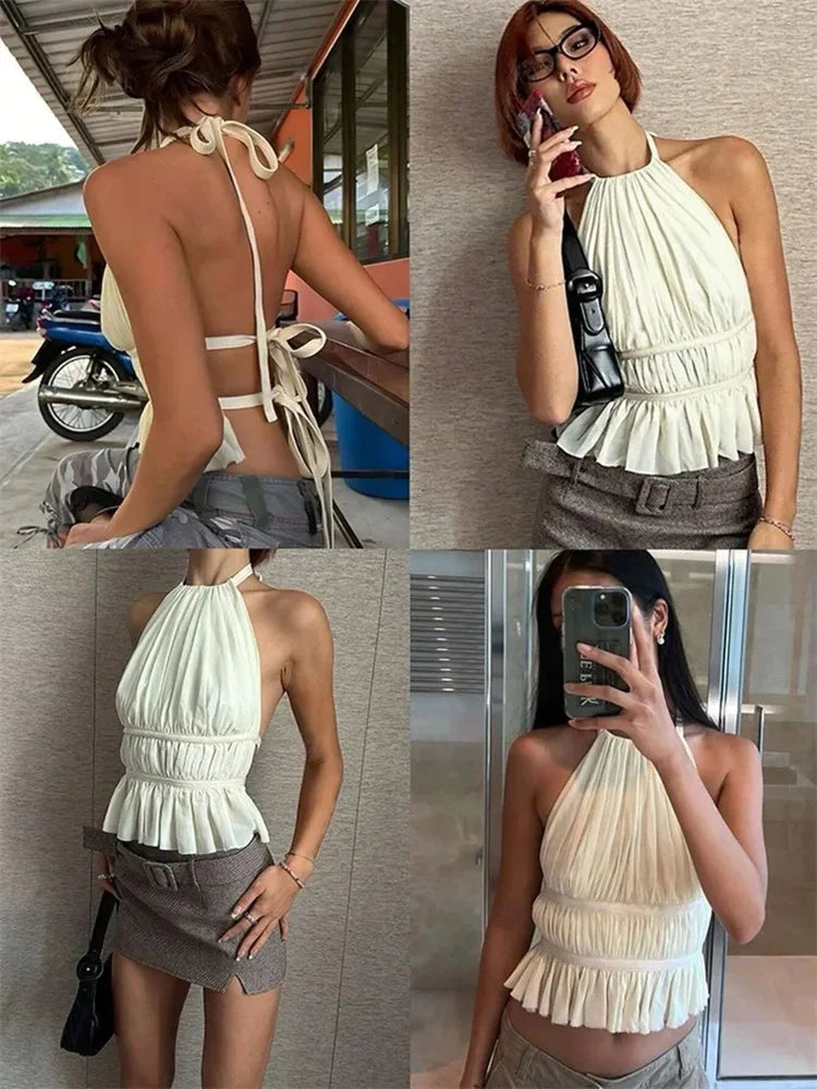 Top Sexy plisado con espalda descubierta para mujer, camiseta sin mangas con dobladillo con volantes y hombros descubiertos, camisola Y2K, ropa de calle