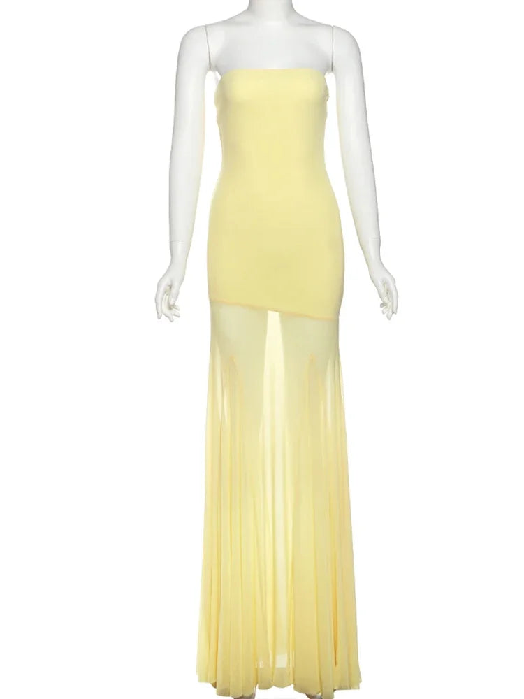 Vestido Patchwork Transparente 2025 | Plisado sin Tirantes | Espalda Descubierta | Banquete