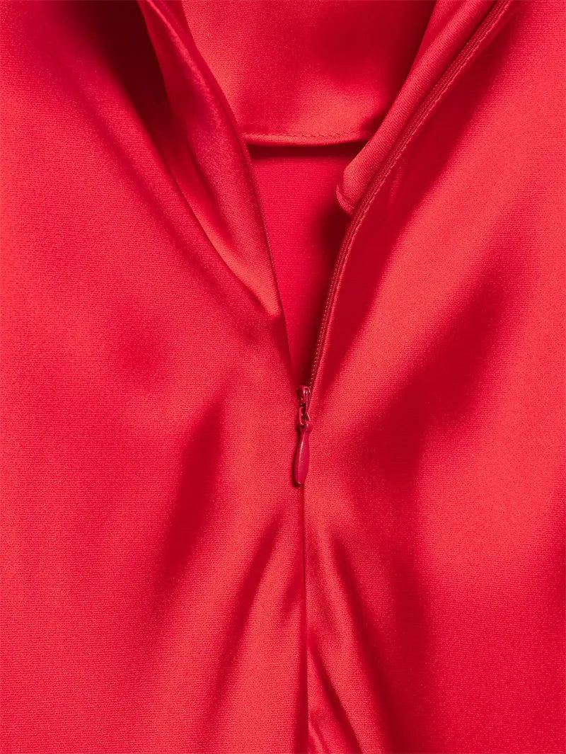 Vestido Rojo Satinado | Cuello en V y Cremallera Trasera | Tropical 2025