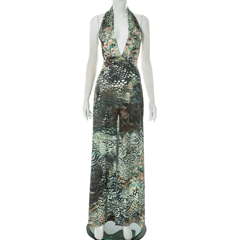 Vestido largo elegante con estampado abstracto para mujer, falda larga dividida con escote en V profundo y espalda descubierta, vestido informal de estilo francés a la moda de verano