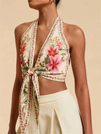 Top corto con cuello Halter y nudo frontal para mujer, Top Sexy sin mangas con estampado Floral y cuello en V, camiseta sin mangas con espalda descubierta, ropa Y2K