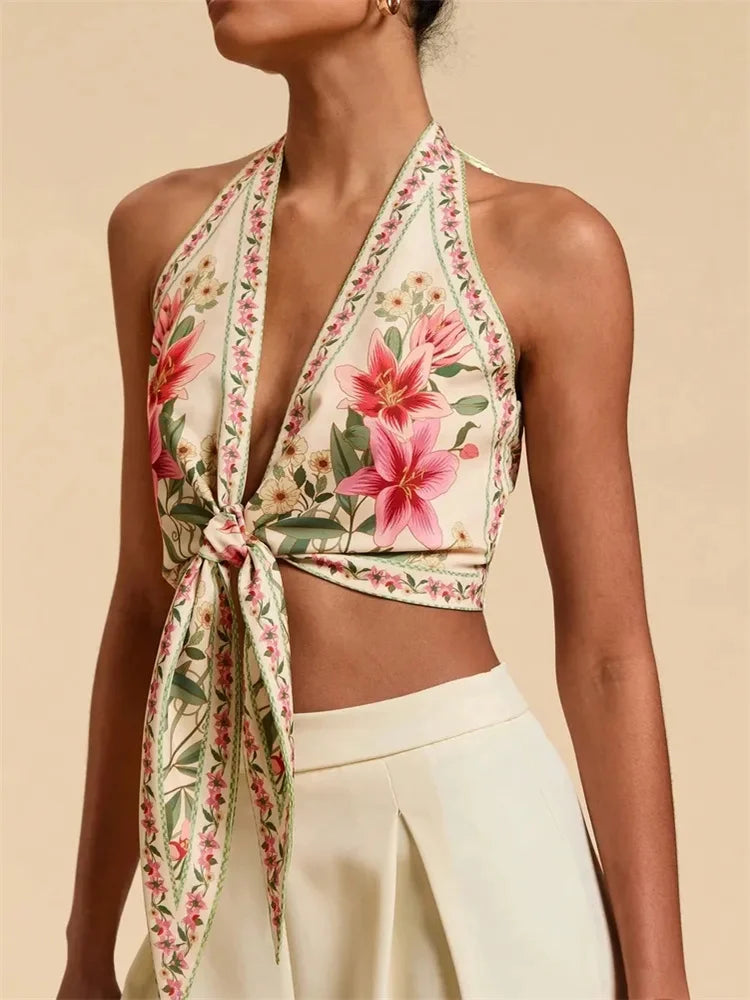 Top corto con cuello Halter y nudo frontal para mujer, Top Sexy sin mangas con estampado Floral y cuello en V, camiseta sin mangas con espalda descubierta, ropa Y2K