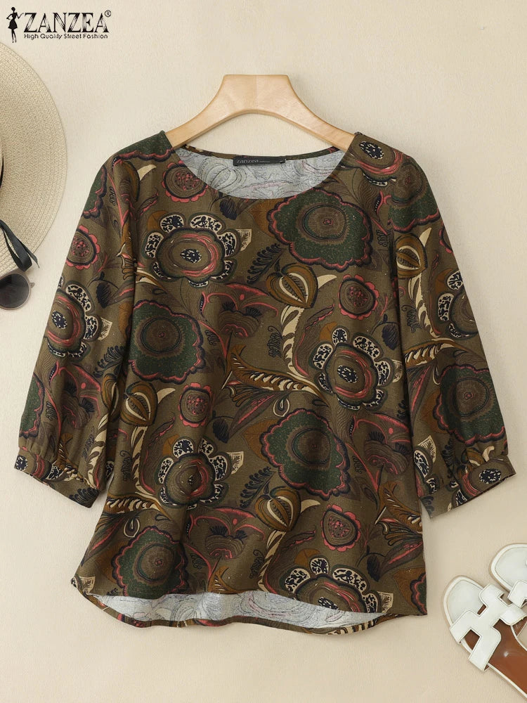 Blusa Retro para Mujer | Estampado Vintage | Túnica Holgada de Algodón | Ticotrendy