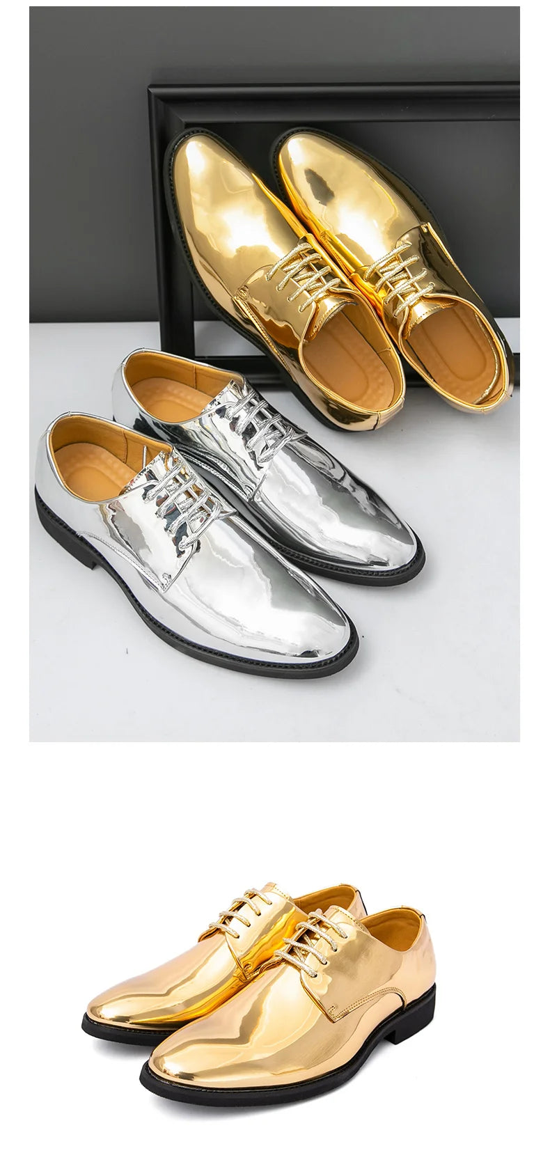 Zapatos Hombre Charol Plateados Lujo Boda Fiesta Punta Puntiaguda | Talla Grande