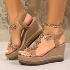 Sandalias de cuña con flores y diamantes de imitación para mujer, sandalias de plataforma gruesas con cristales de lujo, zapatos de fiesta de tacón súper alto de Pvc transparente, 2025