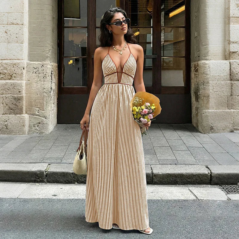 Vestido Halter Rayado Espalda Descubierta