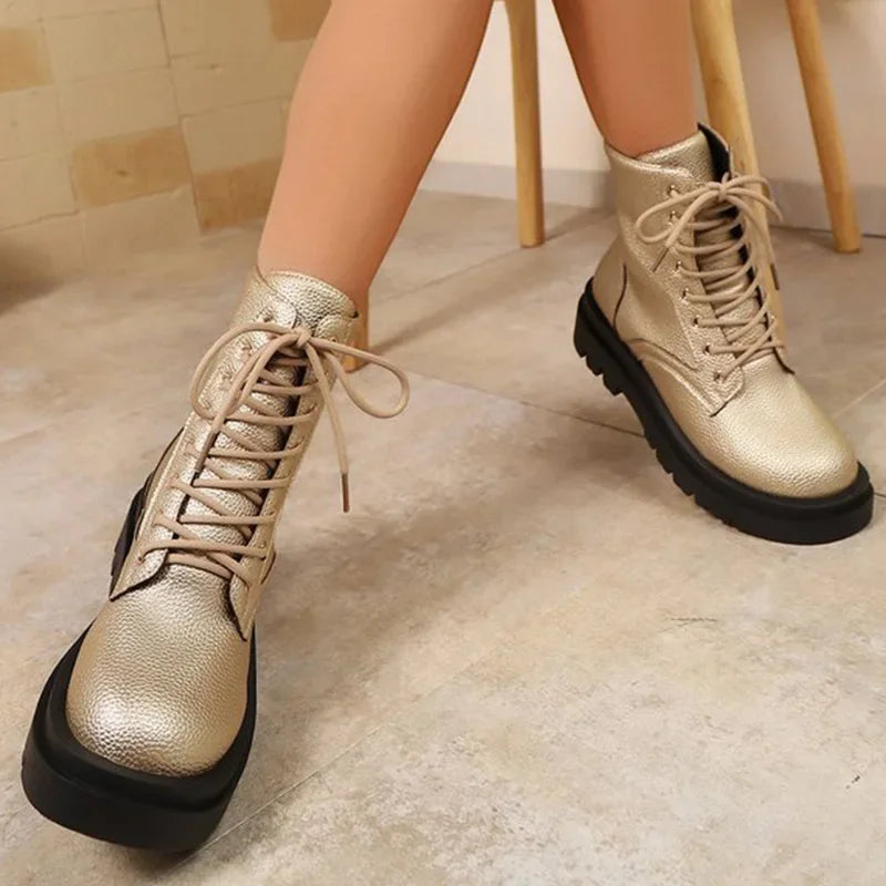 Botines Dorados de Plataforma | Cuña y Cordones | Mujer