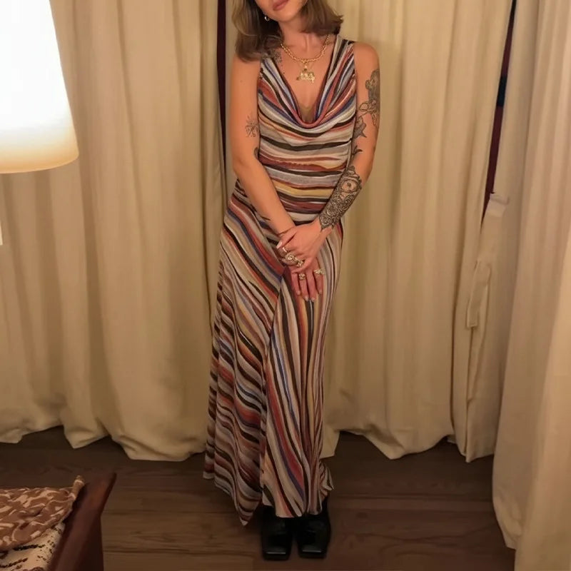 Vestido de Fiesta Rayas Onduladas Cintura Ajustada