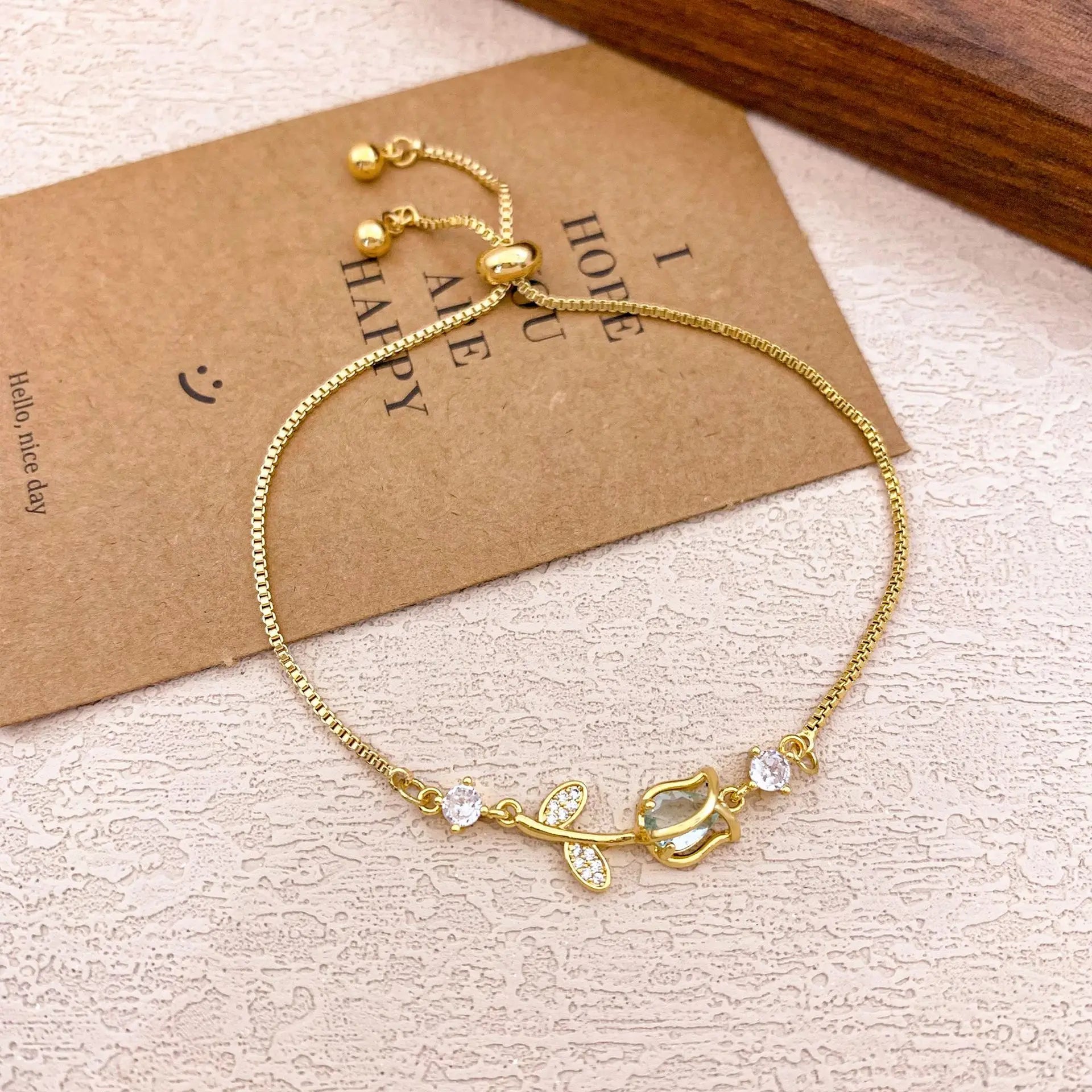Pulseras con dijes de flor de tulipán y piedra lunar de circón colorido dulce para mujer y niña, joyería de cadena de caja de acero inoxidable ajustable elegante