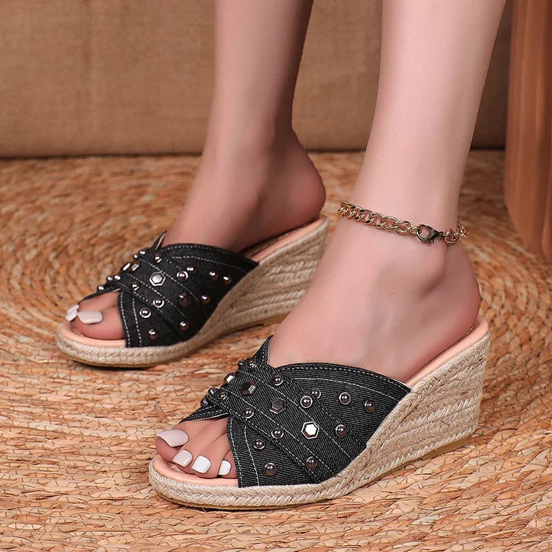 Sandalias Cuña Gruesa Mezclilla Plataforma Alta | Calzado Casual Tendencia Pura Vida