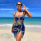 Traje de Baño Push Up con Falda - Estampado de Cadena para Playa y Piscina