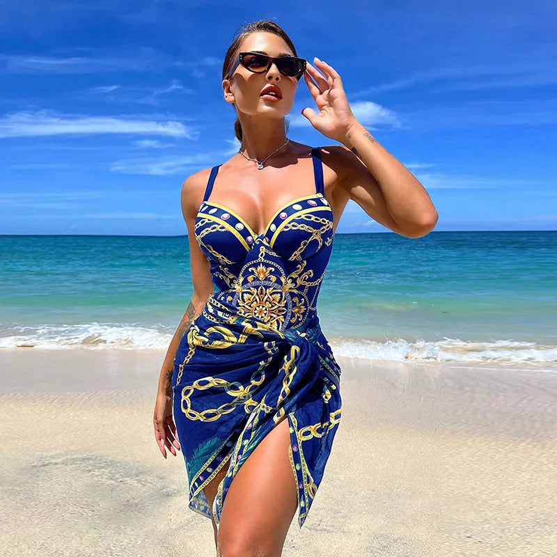 Traje de Baño Push Up con Falda - Estampado de Cadena para Playa y Piscina