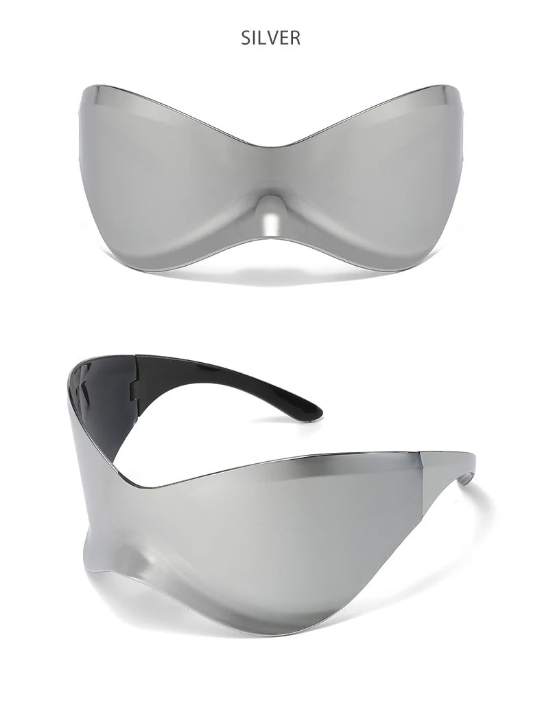 Gafas Sol Gran Tamaño Sin Montura Futuristas | PUNK Y2K Plateadas UV400 Espejo