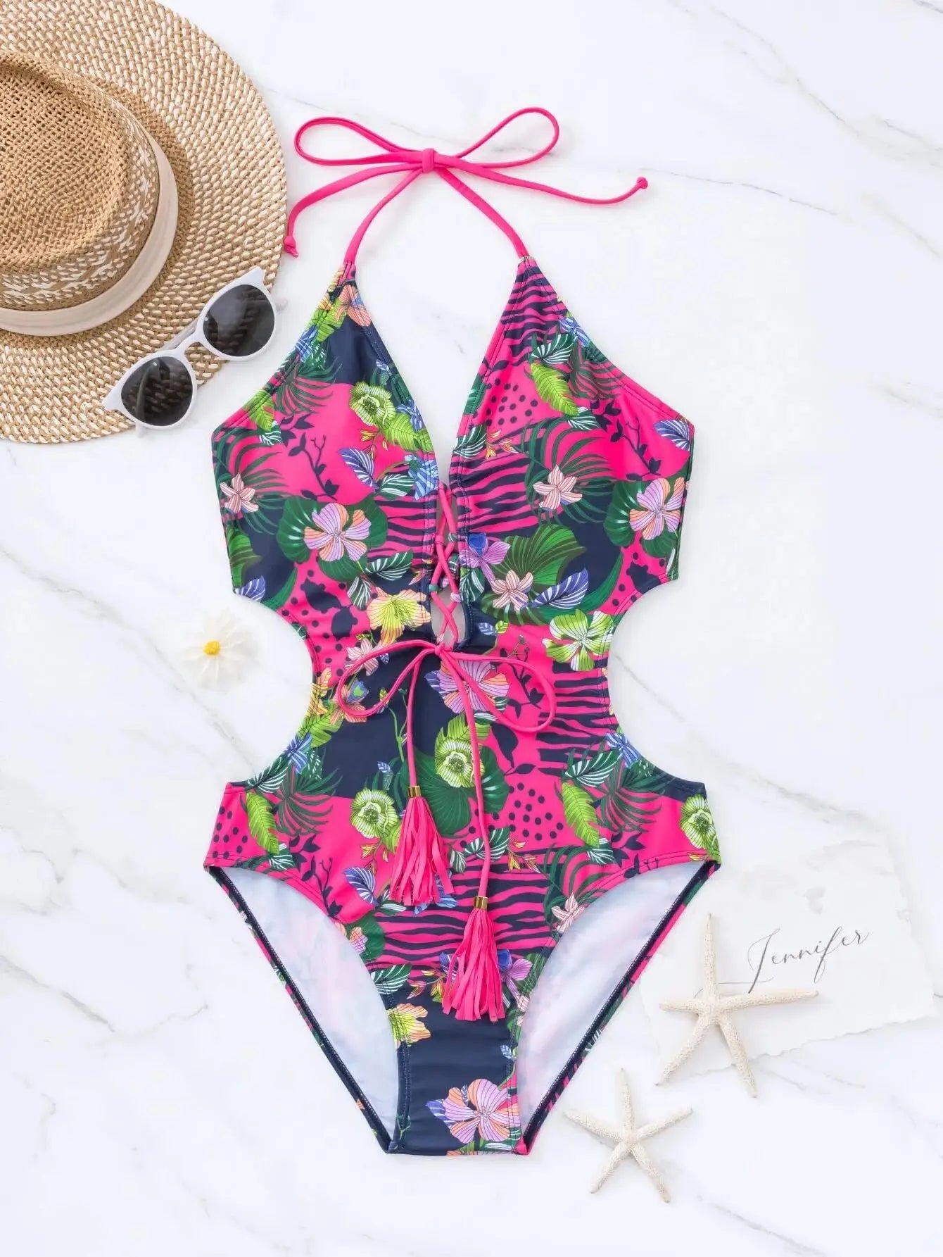 Traje de Baño 1 Pieza Floral - Bikini de Playa con Encaje Frontal y Sexy