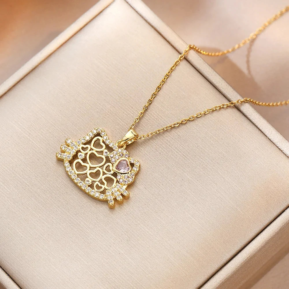 Sanrio lindo Hello Kitty collares con colgante de circón para mujeres niñas encantador gato de dibujos animados gatito cadena de acero inoxidable regalos de joyería