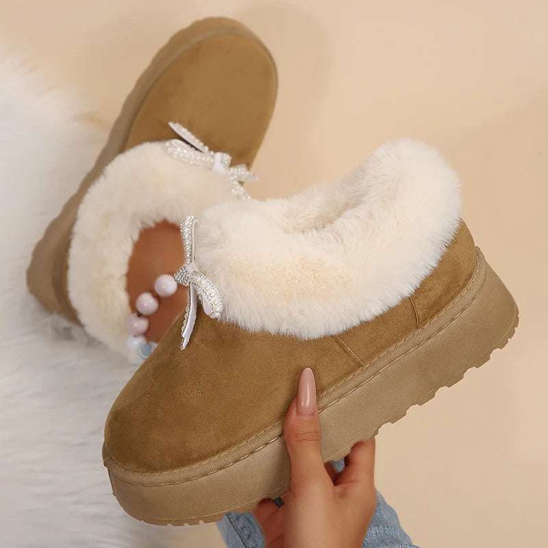 Botas De Nieve Piel Sintética Lazo De Cristal Moda Tica
