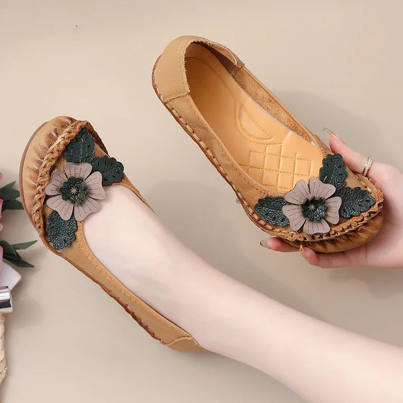 Mocasines Planos Florales de Cuero Genuino | Hechos a Mano | Talla 41 | Estilo Retro