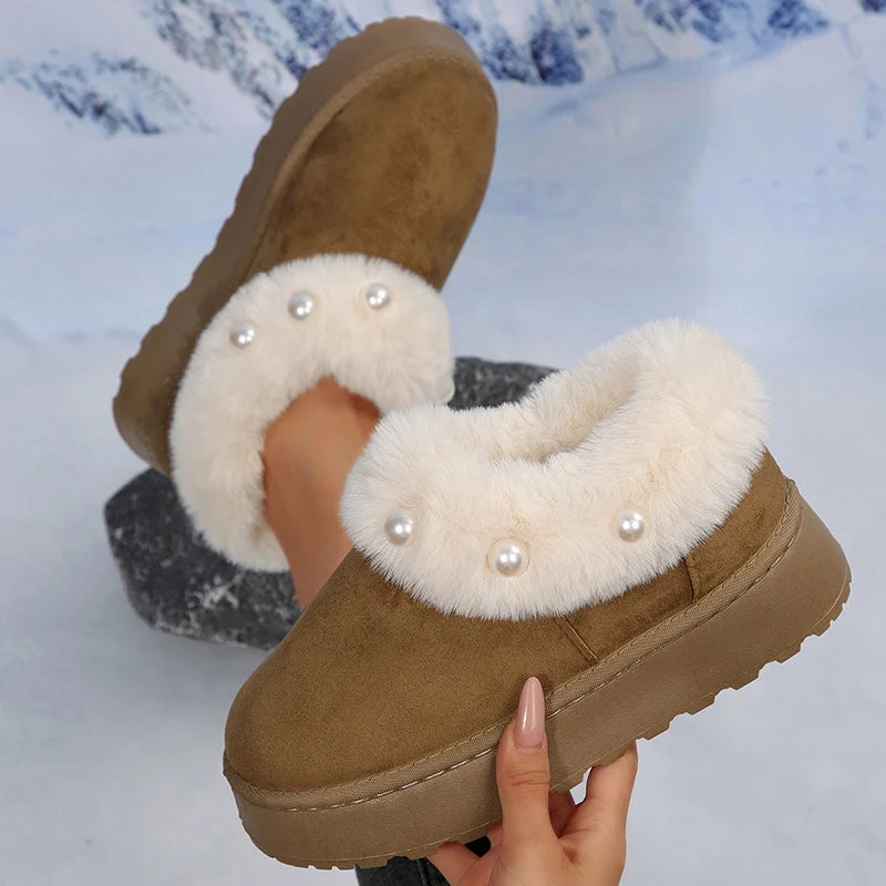 Botas Plataforma Piel Esponjosa Perlas Moda Tica Elegante