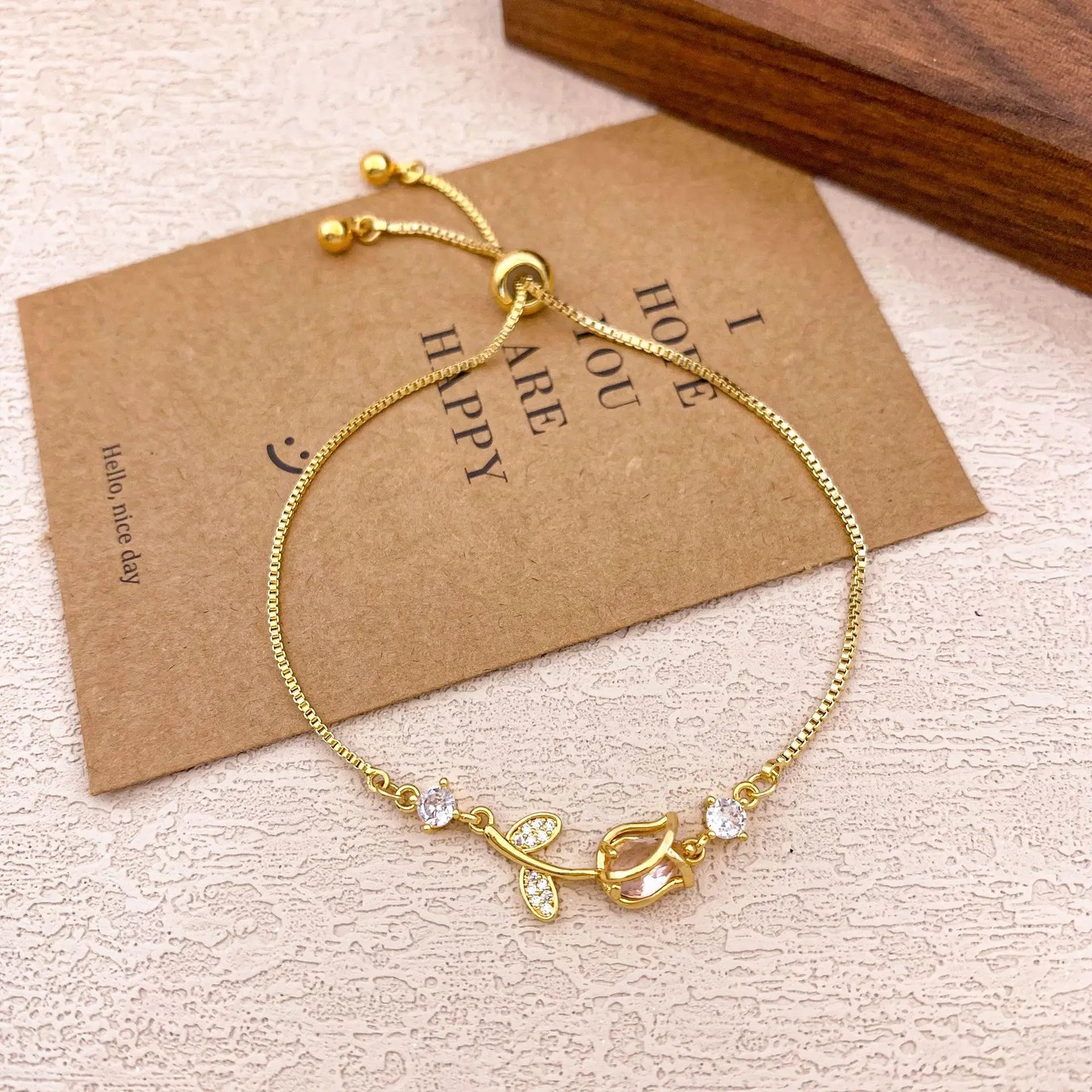 Pulseras con dijes de flor de tulipán y piedra lunar de circón colorido dulce para mujer y niña, joyería de cadena de caja de acero inoxidable ajustable elegante