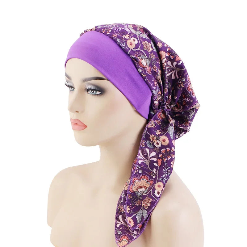 Nuevo pañuelo para la cabeza con estampado satinado para mujer, turbante musulmán elástico preatado, gorro para dormir para quimioterapia, cubierta para la pérdida de cabello, pañuelo para la cabeza