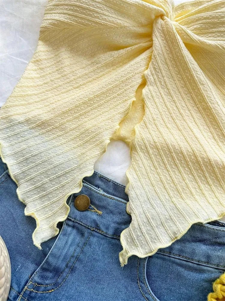Top de tubo recortado con nudo torcido para mujer, ropa de verano Y2K, Top corto sexy con hombros descubiertos y abertura