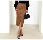 Falda Midi De Cuero Sintético Con Abertura Y Pliegues Sexy
