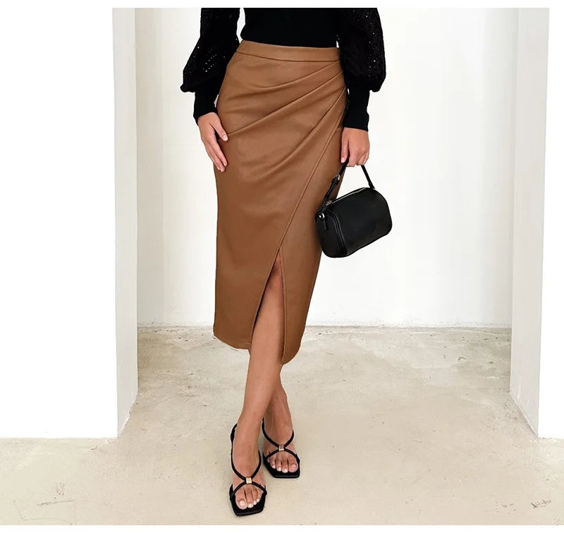 Falda Midi De Cuero Sintético Con Abertura Y Pliegues Sexy