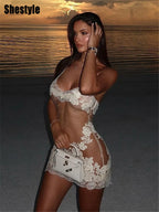 Minivestido Shestyle de Encaje Transparente | Bordado y Tirantes de Espagueti | Discoteca