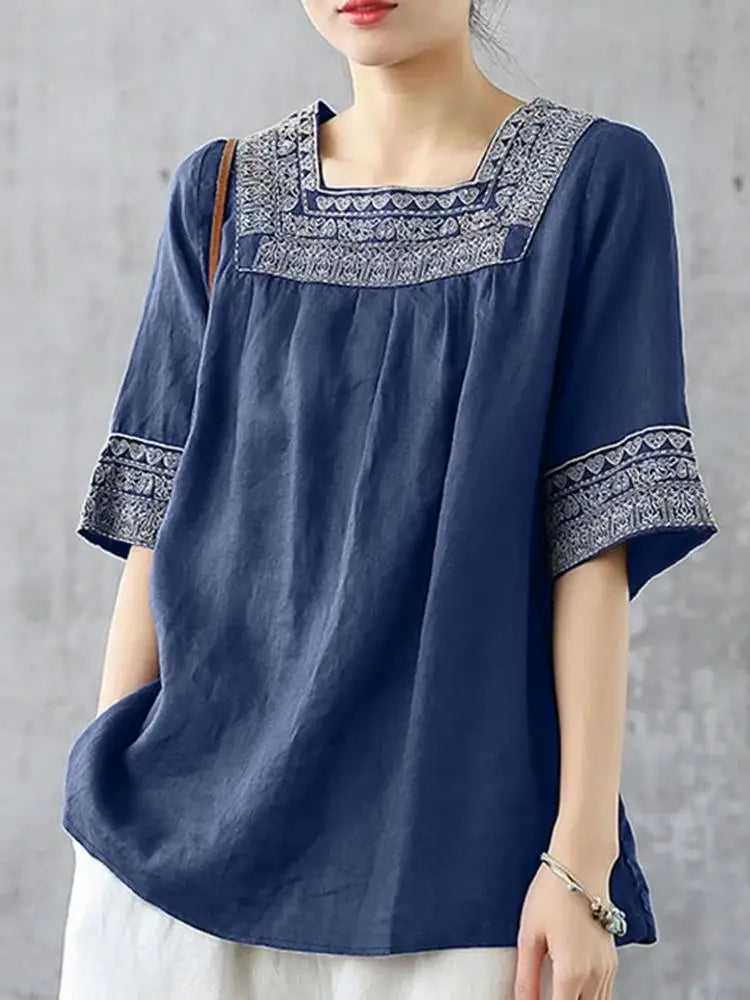 Blusa Vintage Bordada Algodón Cuello Cuadrado Manga Media Mujer