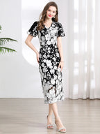 Vestido Fiesta Lujo Bordado Encaje Flores 3D | Cuello V Manga Corta Mitad Pantorrilla