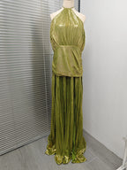 Vestido Largo Dorado Sexy Con Cuello Halter Abertura Alta Plisado