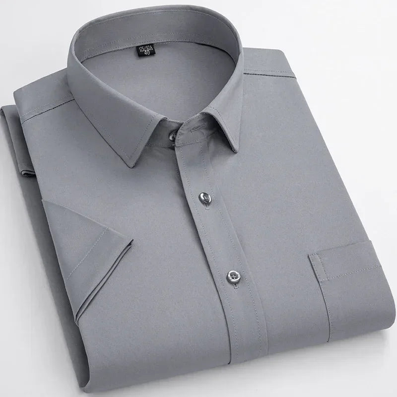 2025 Camisa de vestir antiarrugas elástica sin hierro para hombre, camisa de manga corta para hombre, Camisas sociales formales