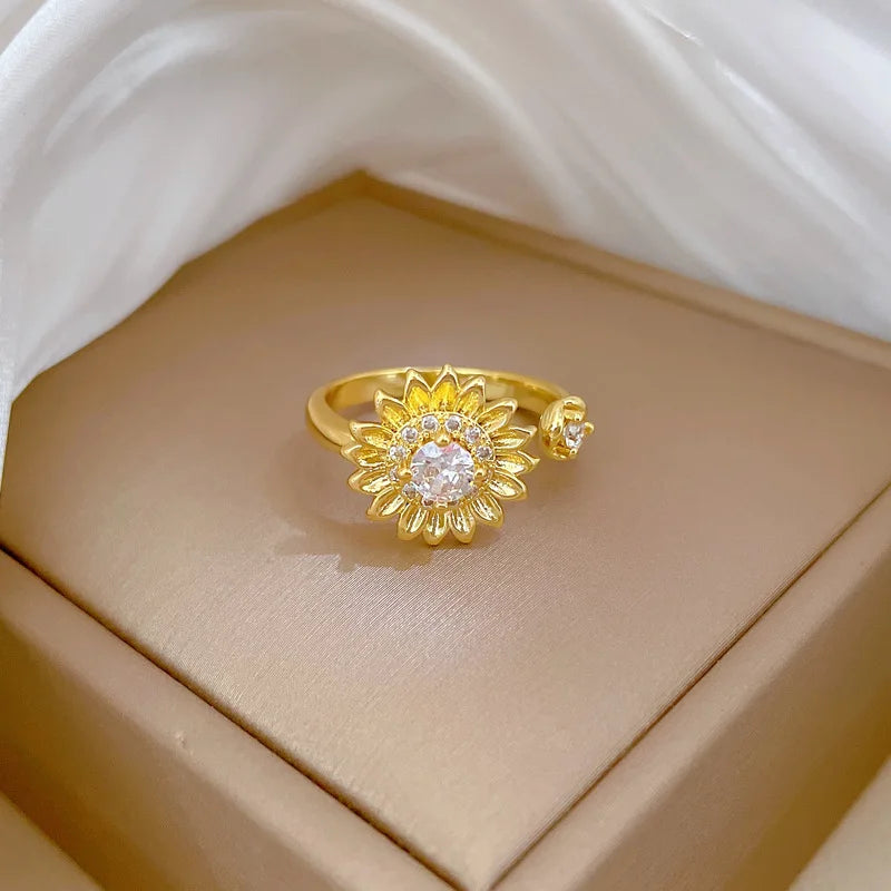 Anillo de girasol de circón chapado en oro de 18 quilates para mujer, anillo de cobre ajustable que se puede abrir, accesorios de joyería, regalos para amigos