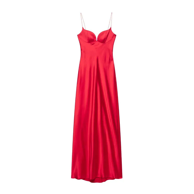 Vestido Rojo Satinado | Cuello en V y Cremallera Trasera | Tropical 2025