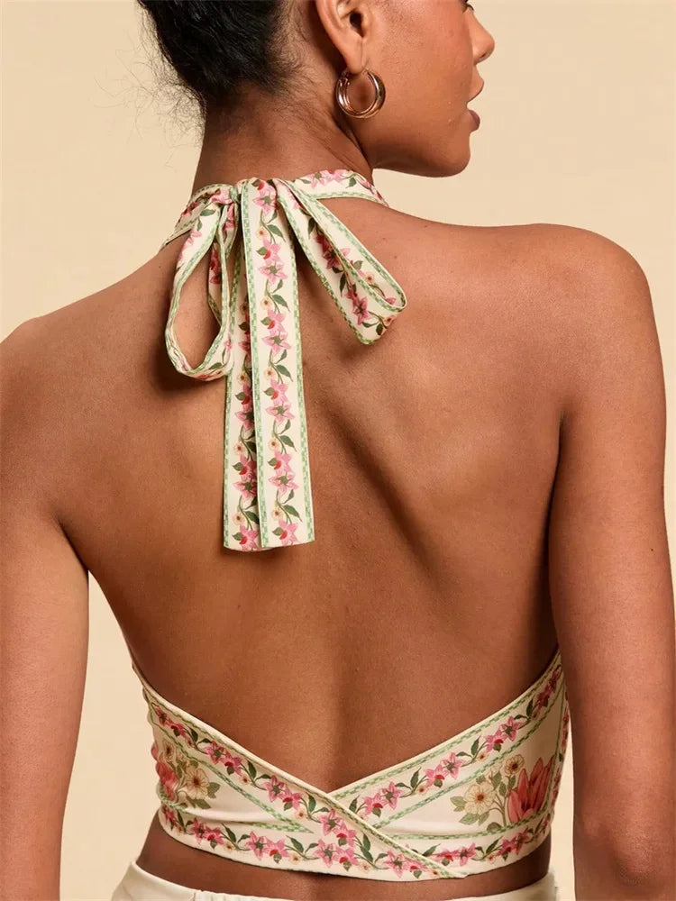 Top corto con cuello Halter y nudo frontal para mujer, Top Sexy sin mangas con estampado Floral y cuello en V, camiseta sin mangas con espalda descubierta, ropa Y2K
