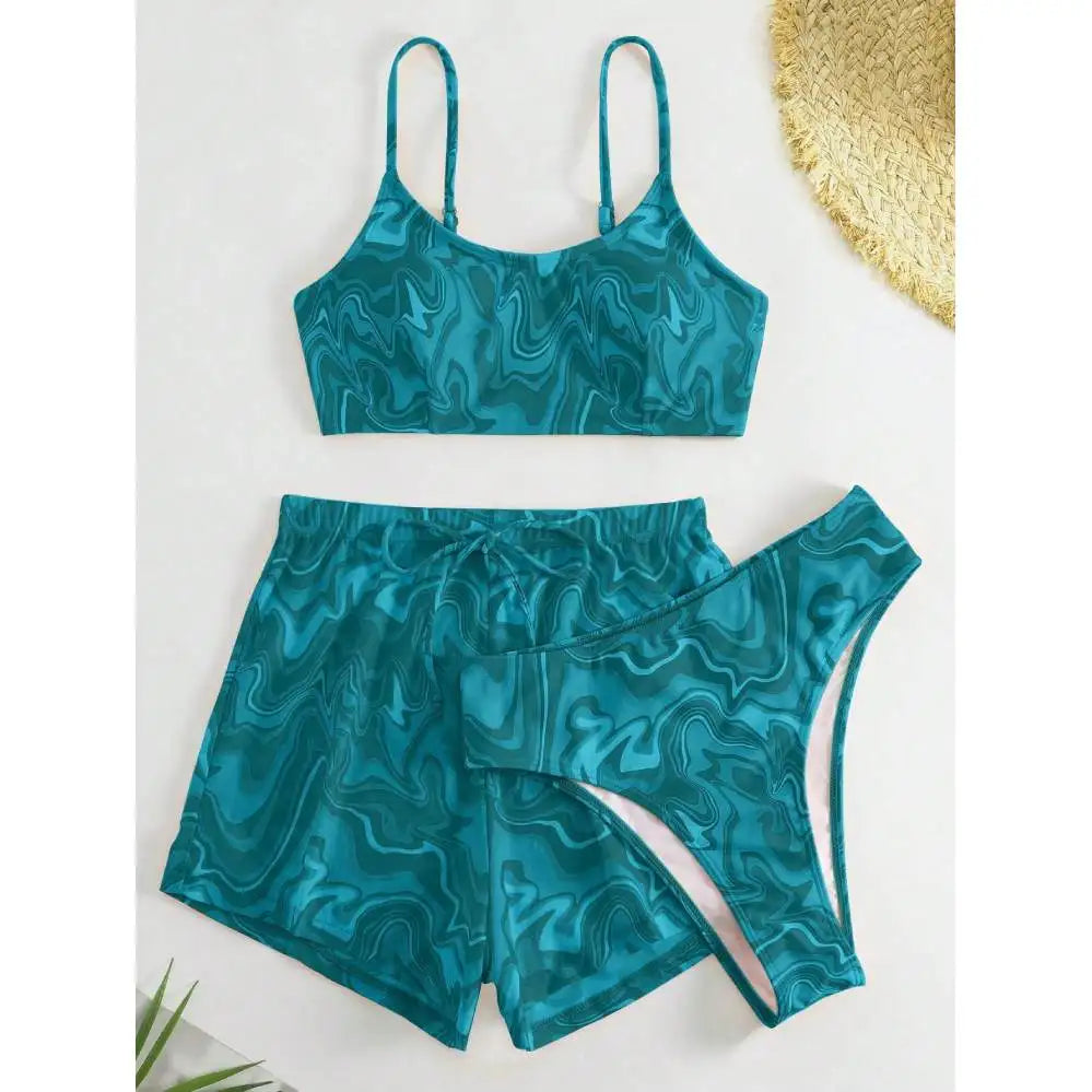 Conjunto de Bikini con Estampado de Mármol y Pareo - Outfit Casual para la Playa