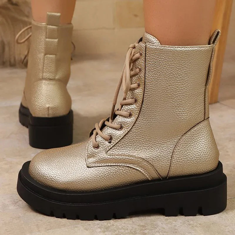 Botines Dorados de Plataforma | Cuña y Cordones | Mujer