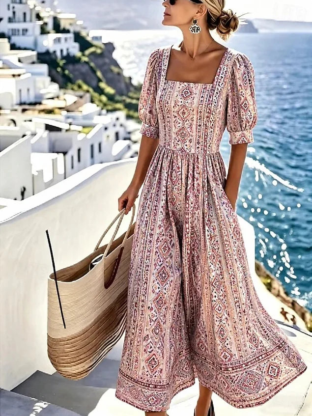 Vestido Corto Estampado Cuello Cuadrado con Bolsillos