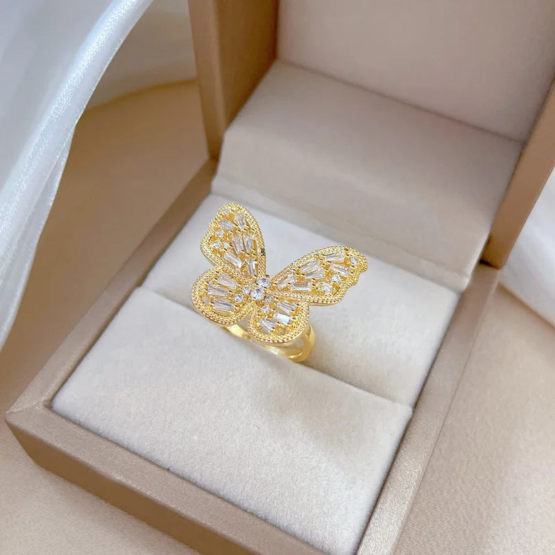 Anillos de cobre de mariposa de circón brillante de lujo para mujeres y niñas, anillo abierto ajustable para dedo, accesorios de fiesta diarios, regalos para amigos