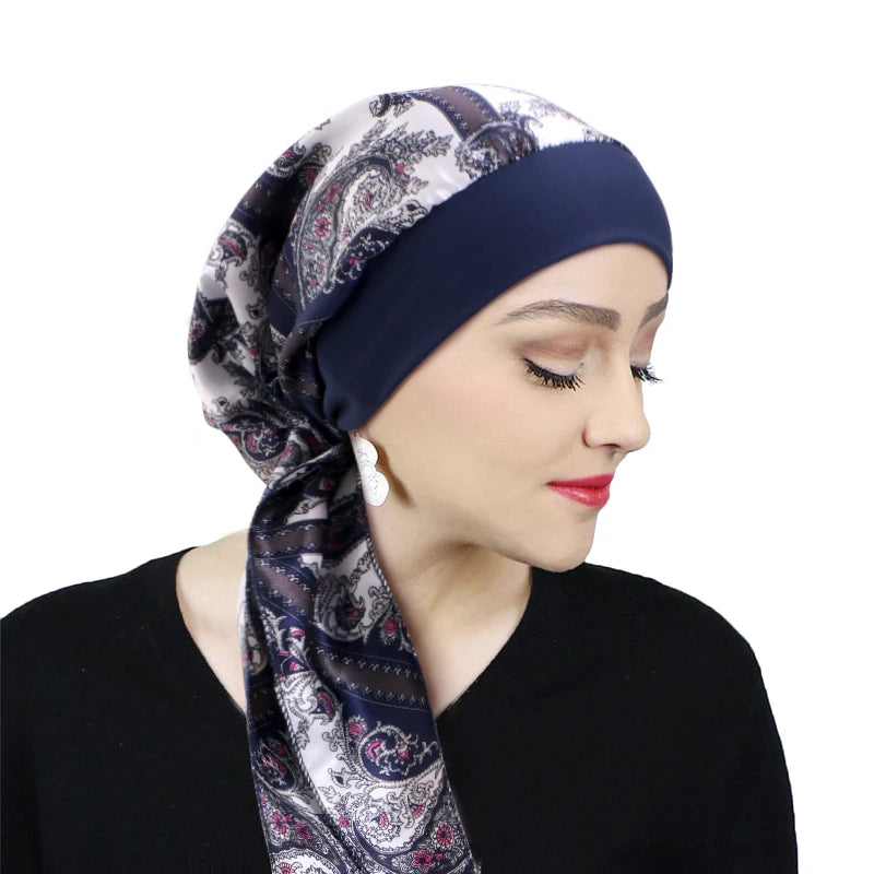 Turbante de satén preatado para mujer, hiyab interior musulmán, gorros para quimio contra el cáncer, pañuelo para la cabeza para la pérdida de cabello, Bandana, accesorios elásticos para el cabello