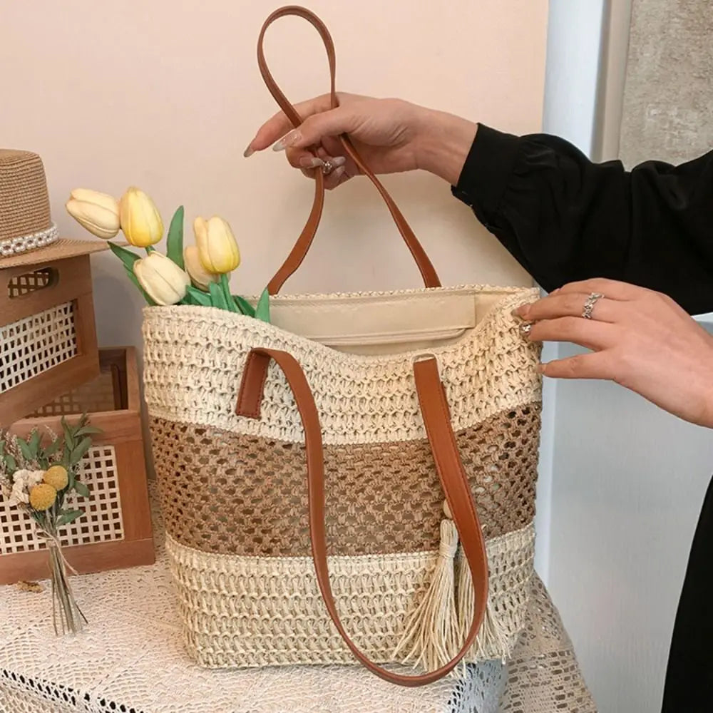Bolso de Paja Tejida Hecho a Mano con Colgante de Flecos para Mujer