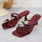 Sandalias Mula Tacón Fino Alto Lazo Decorativo | Punta Cuadrada Elegante Moda